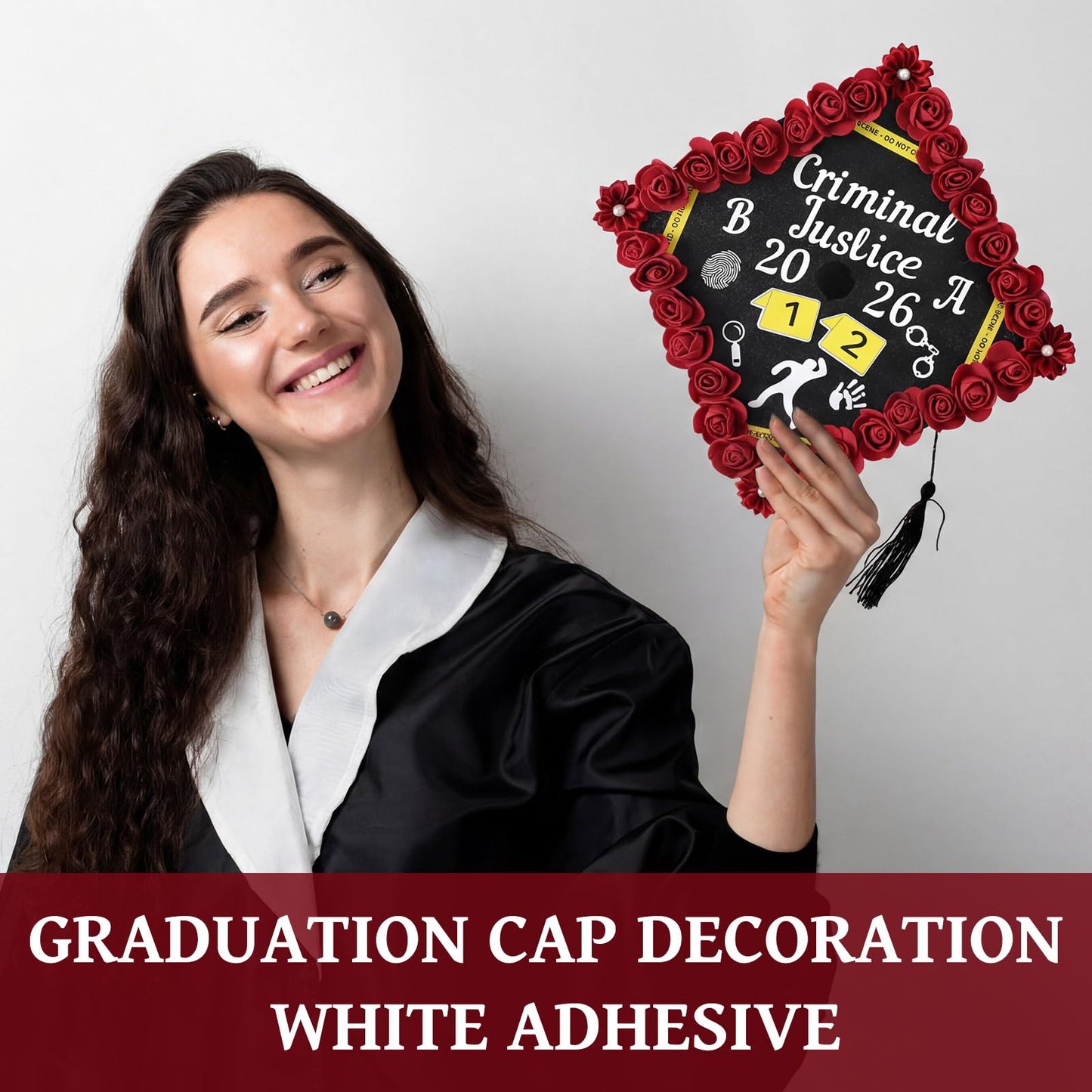 Dunzoom 39 Pcs Criminal Justice DIY Graduation Cap Decorations Set Grad Cap Topper Artificial Flowers Crime Scene-themed Number & Letter Stickers for Wreath Grad Hap Graduation Ceremony Party Supplies