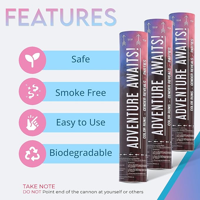 Adventure Awaits! - BABY GENDER REVEAL - 4-Pack Hand Held Air Filled Party Popper - 3 options: 4 Blue or 4 Pink or 2 Red/2 Blue - Check our store for other Color Run Festival colors! (4 Pink)