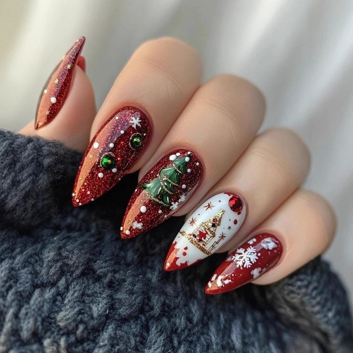24 Pcs Christmas Press on Nails Medium Almond Fake Nails Red Glitter French and Christmas Tree Acrylic Nails New Year Snowflake Xmas False Nail for Women Manicure Decoration