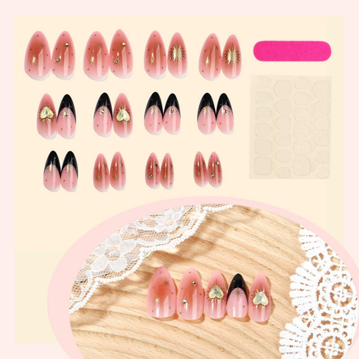 octoswave Medium Almond Press on Nails French Tip Fake Nails Artificial Nail Black with Love Stick on Nail for Women 24pcs