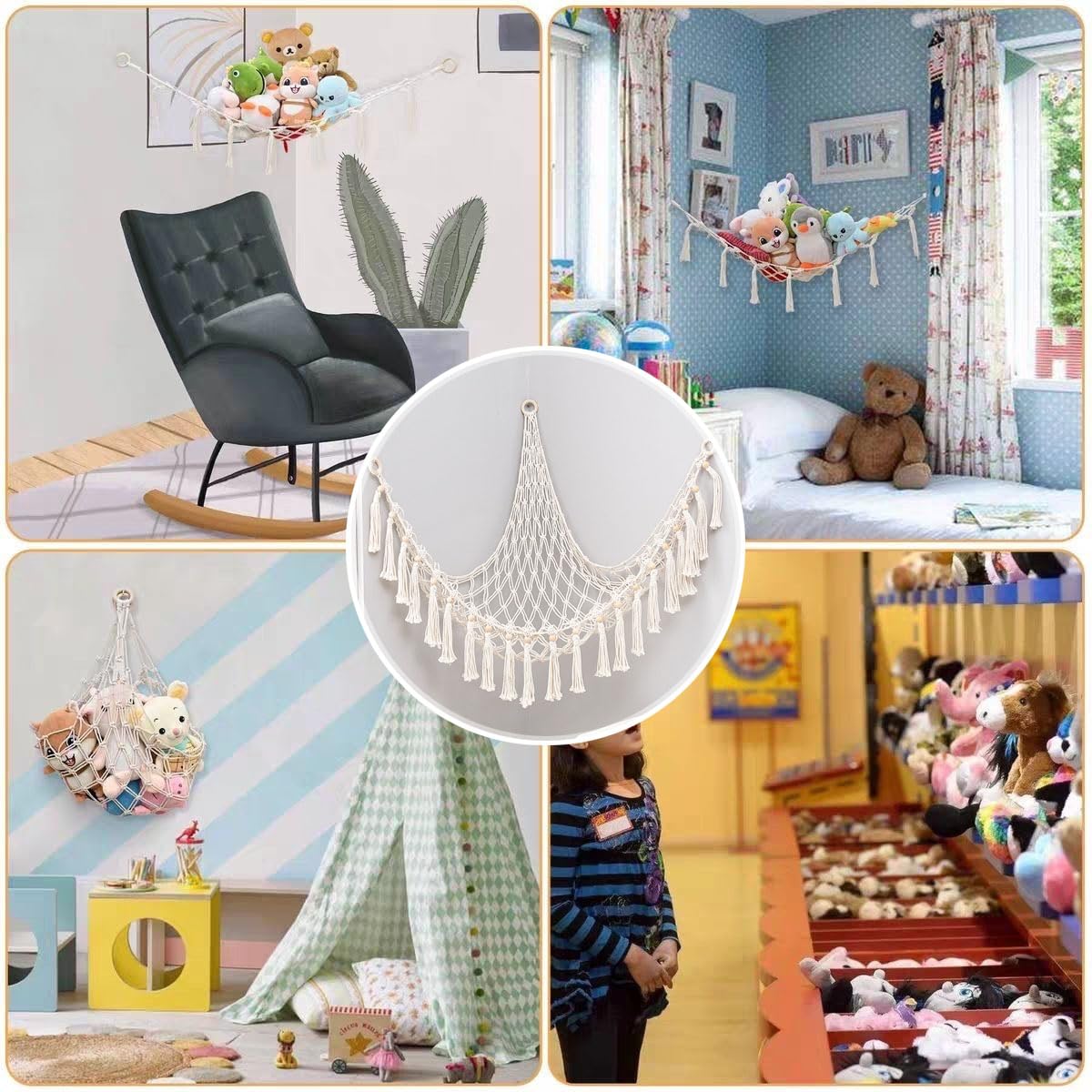 Stuffed Animal Storage Hammock Plush Stuff Toy Hanging Net Corner Organizer Decorations for Kids Bedroom Wall Home Decor (DarkPink)