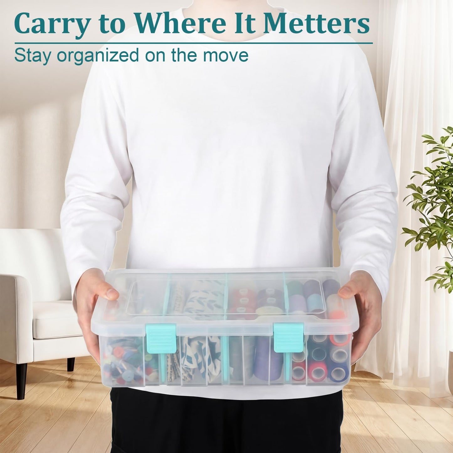 BTSKY Clear Plastic Dividing Storage Box with 4 Compartments Adjustable Storage Bin with Lid Plastic Craft Storage Container Multipurpose Sewing Box Art Supply Organizer, 13.3x8.1x3.4 Inches