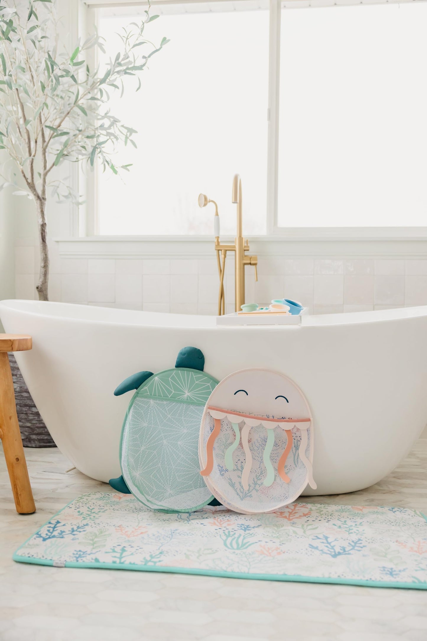 Copper Pearl Oceana Bath Toy Organizer with Suction Cups Extra-Large Mesh Bath Toy Holder for Bathtub, Quick-Dry Bath Toy Storage Net, Convenient Bath Toy Net for Tub - Cora
