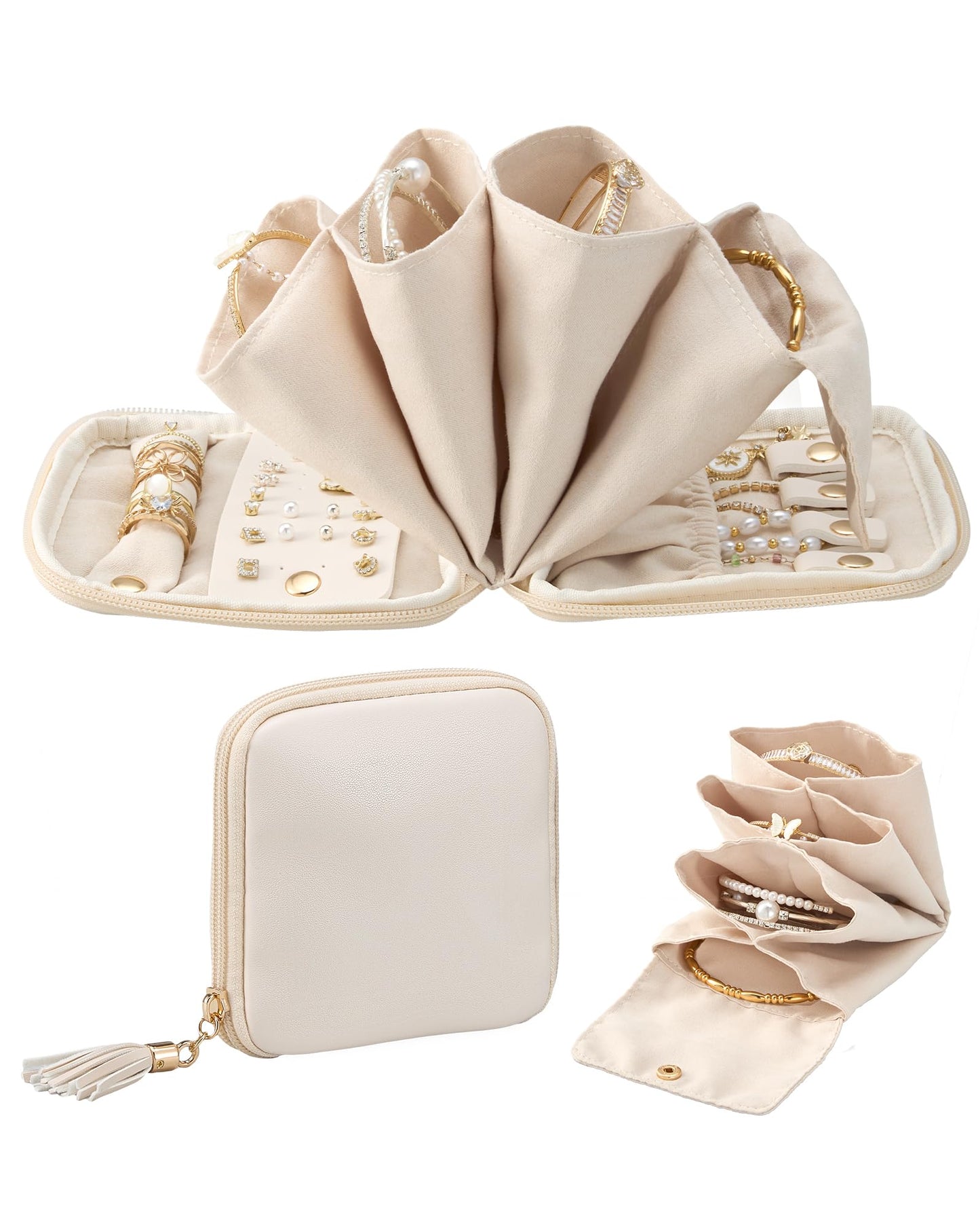 Lolalet Cream 2 Layer Jewelry Box Organizer and Cloud White Travel Jewelry Case Organizer Bundle, Jewelry Storage and Travel Solution