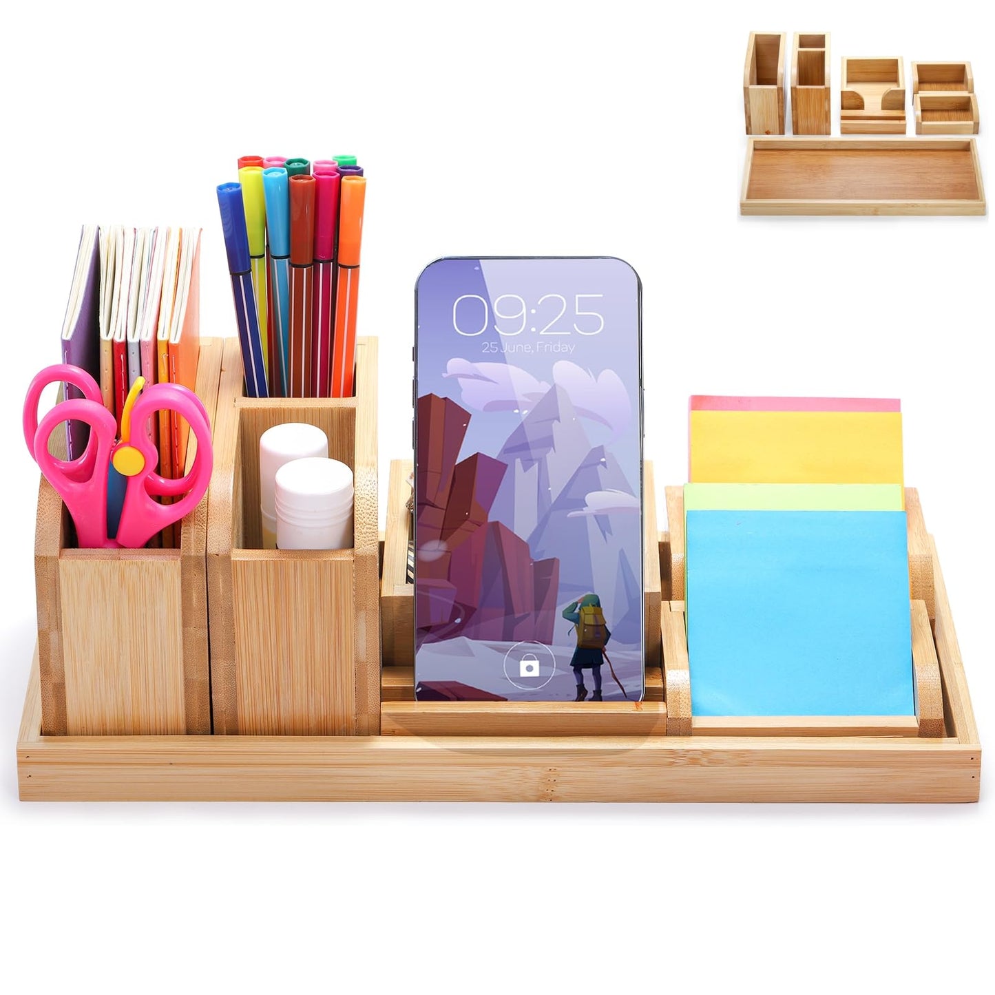 Cididu Bamboo Desk Vanity Tray, 7 Pieces Adjustable Pen Holder Stationery Caddy, Bathroom Vanity Organizer Set, Sturdy Countertop Tray Storage Boxes Office Supplies for Makeup Small Items Home Kitchen