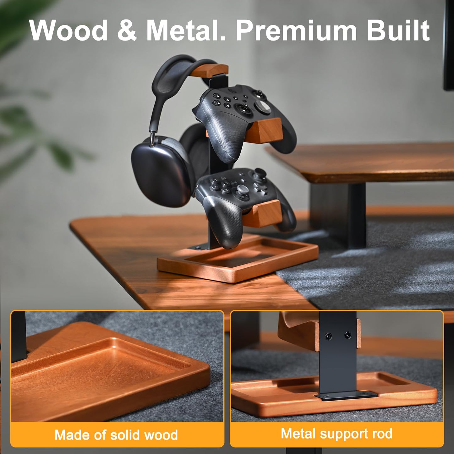 HUMANCOZY Solid Wood Controller Holder and Headphone Stand, Gaming Controller Stand for Desk, Dual Controller Organizer Rack, Fits Xbox, PS4, PS5, Gamepad, Headset Holder for Son, Husband, Boyfriend