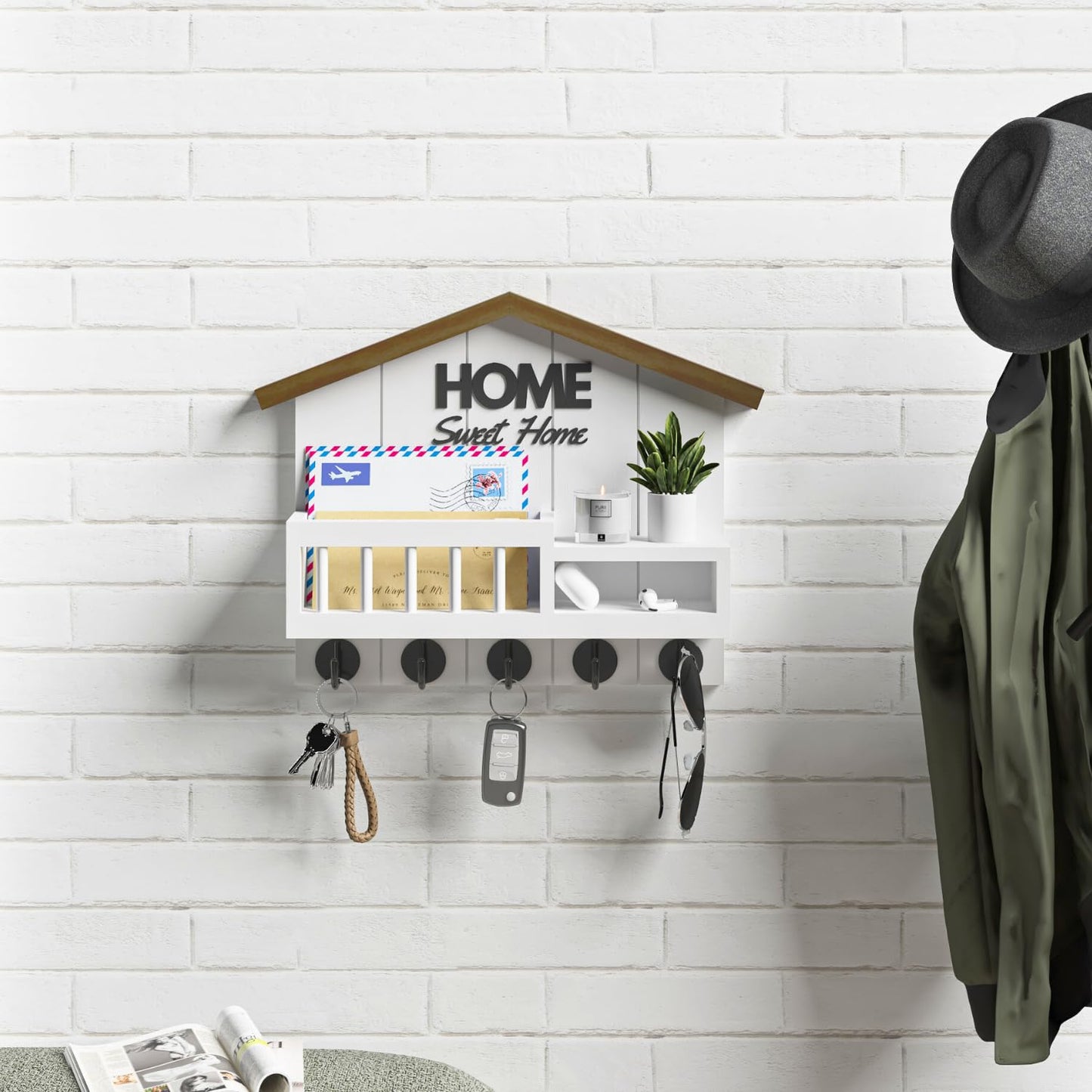 FERAHI Key and Mail Holder for Wall, Wall Key Holder with Shelf, Key Rack Wall Mount, Wood Key Holder Wall Mount White, Mail Organizer Wall Mounted, Entryway & Front Door Key Holder with 5 Hooks