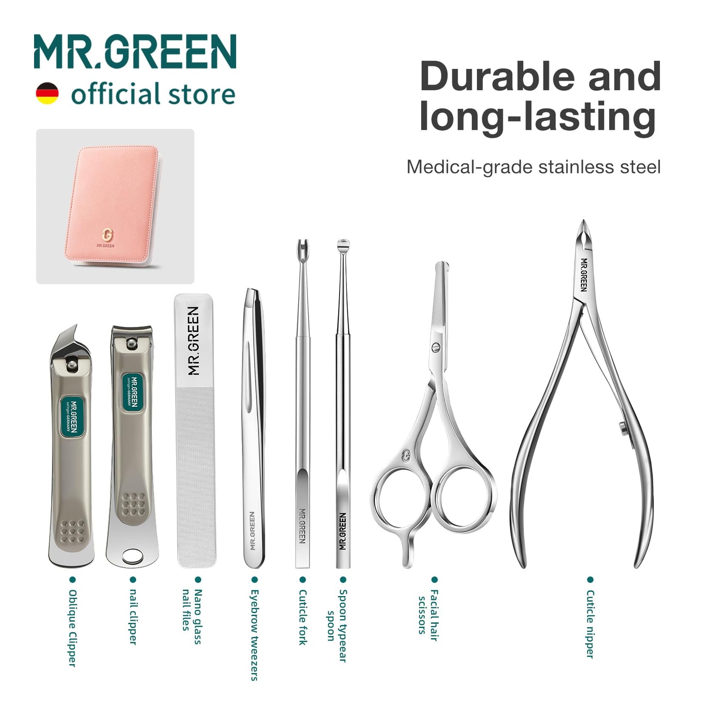 MR.GREEN Fashion Imprint Manicure Sets Professional Nail Clipper Set Personal Care Tool Kits Nial Cutter Gift With Leather Case (Pink(8Pcs Set))