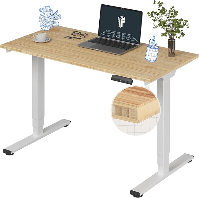FlexiSpot E6 Bamboo 3-Stage Dual Motor Electric Standing Desk 48 x 24 Sit Stand Up Desk, Holds 220 lbs, Adjustable Height w/ Memory Presets, Solid Bamboo Desktop & White Frame, Ships in 2 Boxes