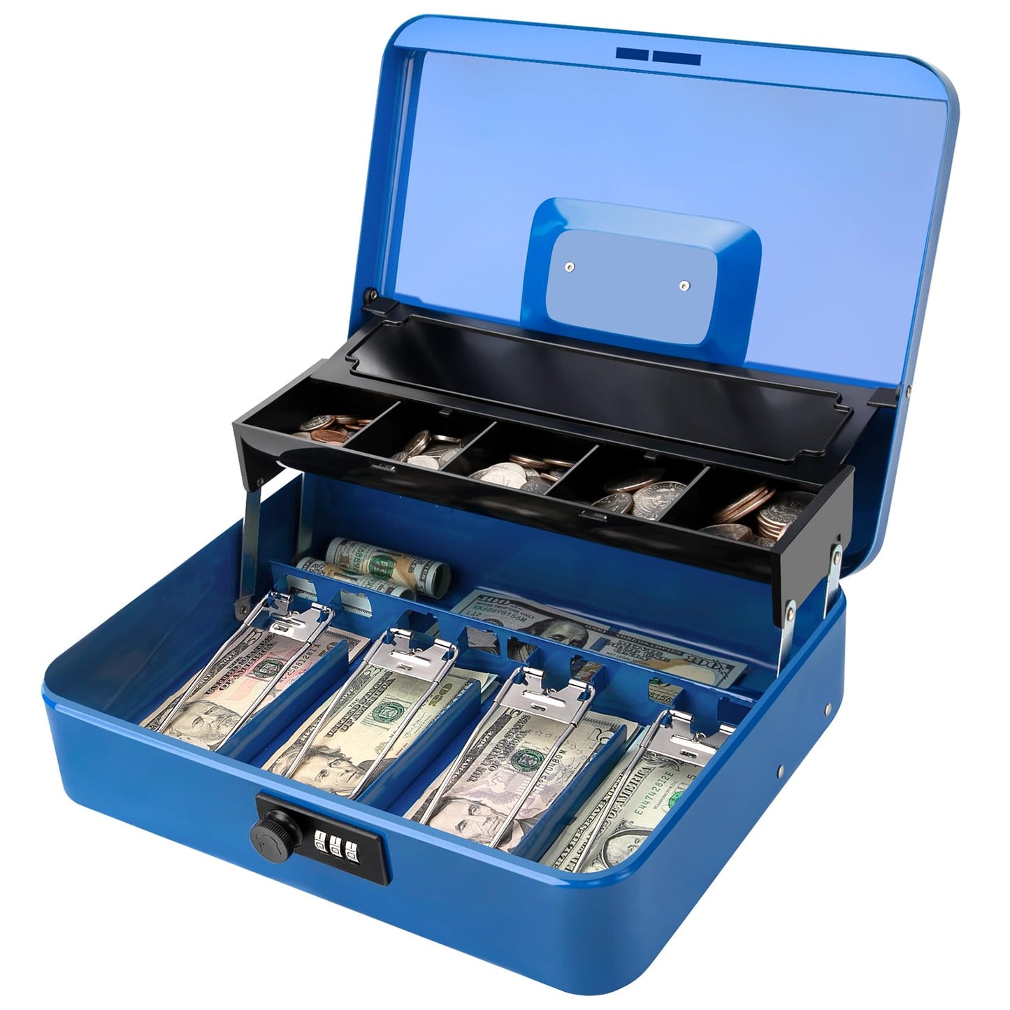 Jssmst Locking Metal Cash Box with Coin Lid, 11.8L x 9.5W x 3.5H Inches, Safe Money Box with Combination Lock, Blue, SM-CB0514BL