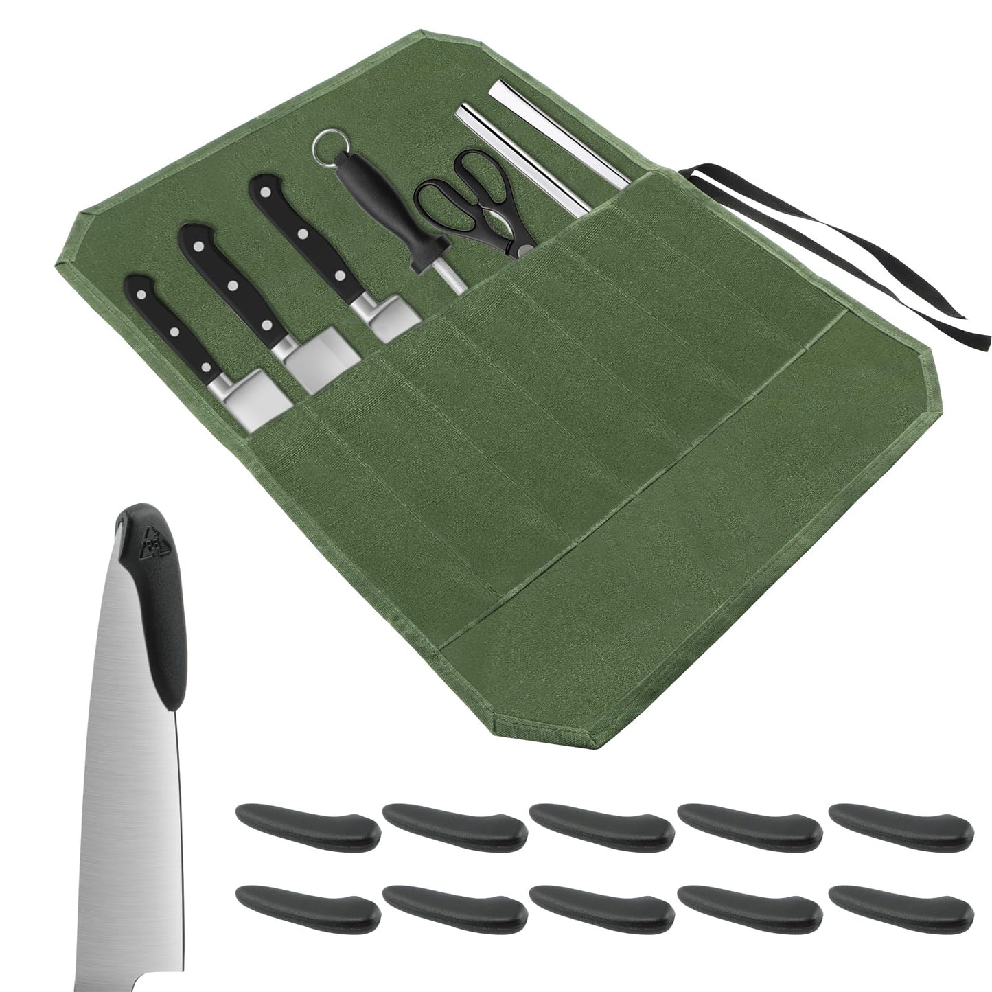Knife Roll Bag, Chef’s Knife Roll Bag, Waterproof Waxed Canvas Pouch with 7 Slots, Multi-function Cutlery Knives Pouch Holder for Home Kitchen Travel Camping