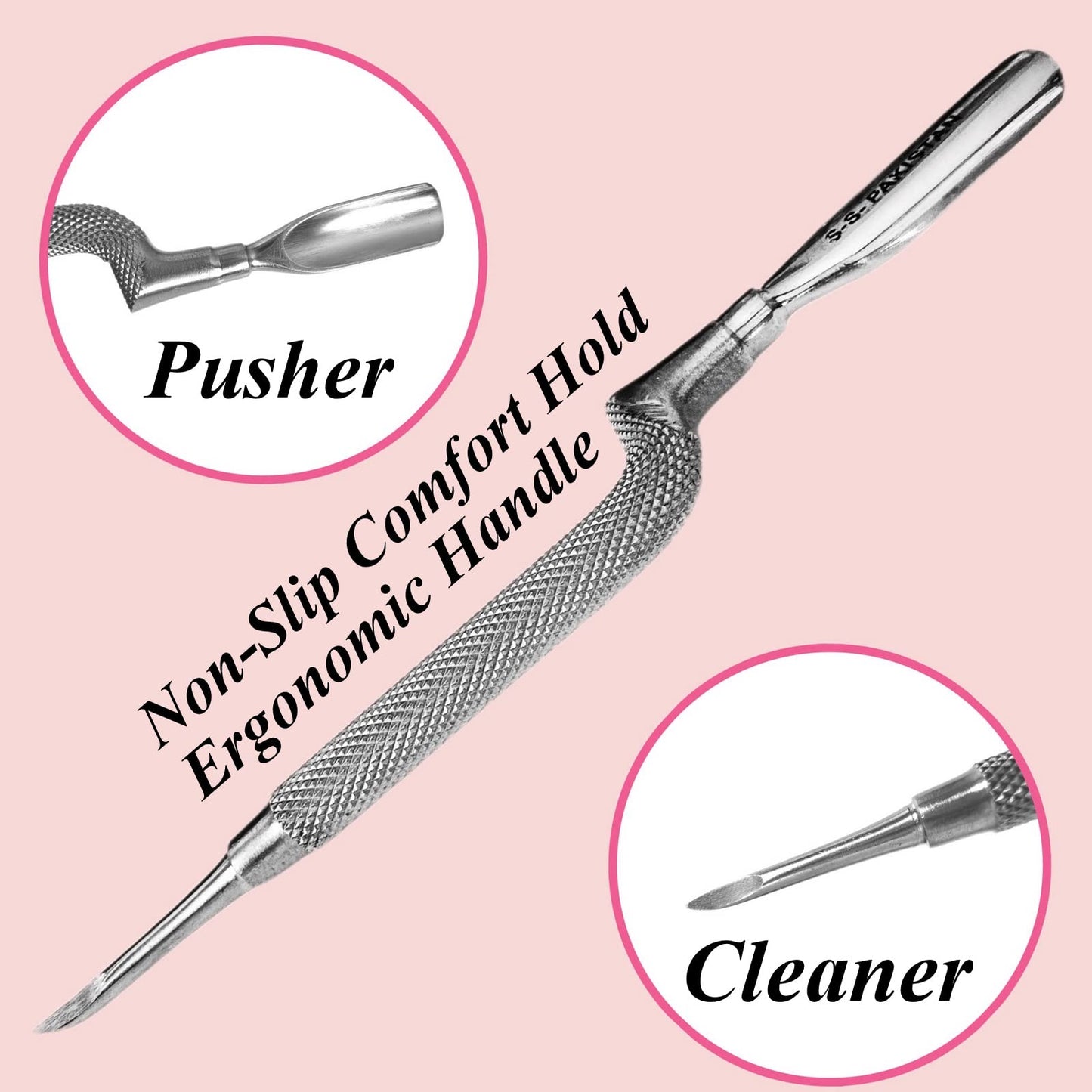 24pc Comfort Hold Easy Grip Ergonomically Angled Curved Cuticle Pusher Tool Heavy Duty 5" Double Ended Pusher & Cleaner - Premium Pakistan Stainless Steel