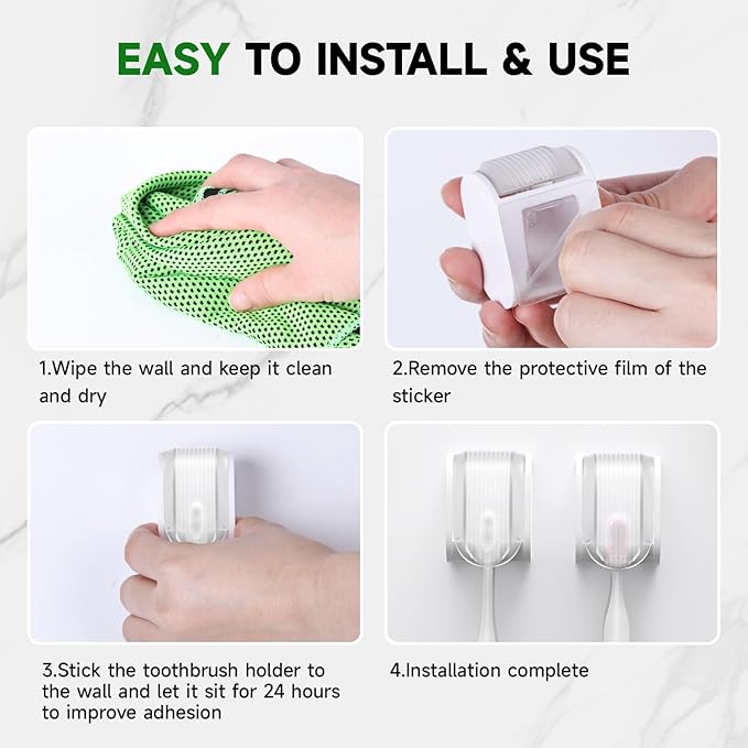2 Pcs Toothbrush Holders Wall Mounted, Single Slot Design, Shower Self Adhesive Wall Mounted Toothbrush Holder with Cover, Waterproof and Dustproof, Suitable for Bathroom, Family, Travel (Transparent)