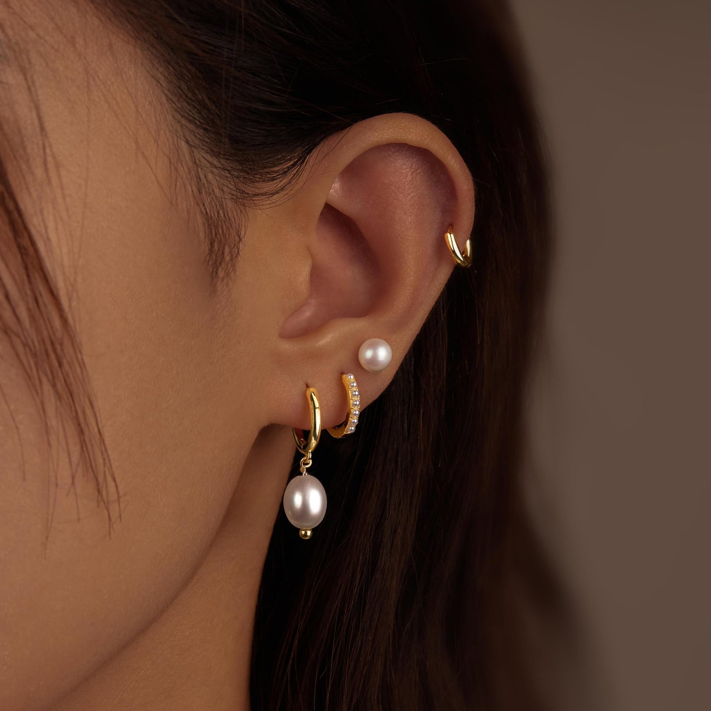 Gold Pearl Earrings for Women,Huggie Small Stack Cartilage Stud Hoop Earring Sets for Multiple Double Piercing, Conch Helix Rook Tragus Daith Piercing Gold Clip On Jewelry Set Gifts