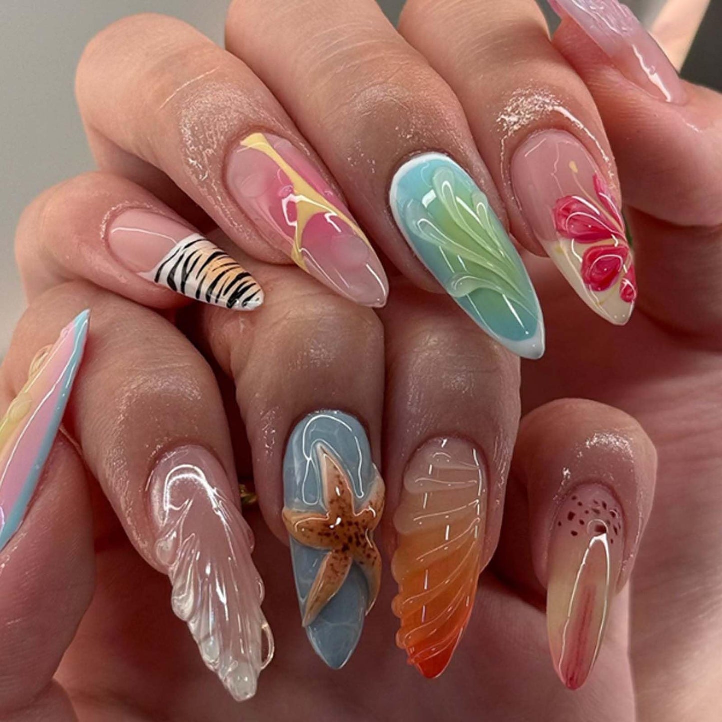 Hkanlre Almond Fake Nude Nails Tips Full Cover False Medium Nails Summer Flower Press on Nails for Women 24PCS