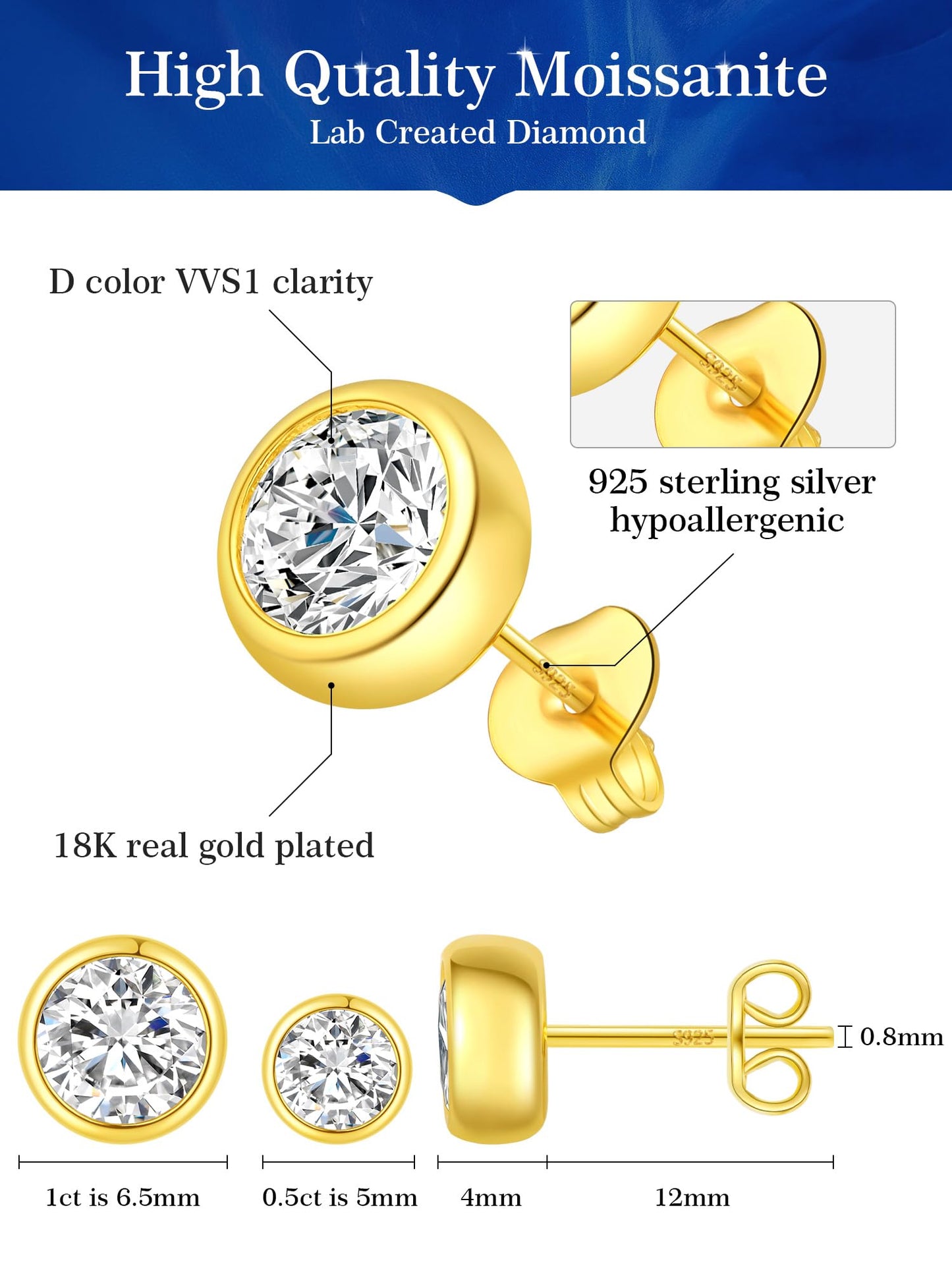 Augell Moissanite Stud Earrings, 1-2 Carat D Color VVS1 Clarity, Hypoallergenic 925 Sterling Silver with 18K Gold Plating, for Women & Men