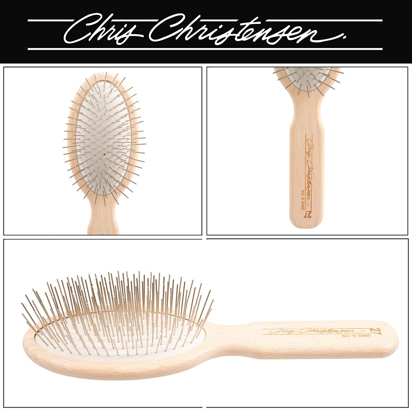 Chris Christensen Brush & Comb Bundle - Big K Slicker, 000 7.5 in Greyhound Style Fine/Coarse Comb, 27mm Original Series - Groom Like a Professional, Made in USA