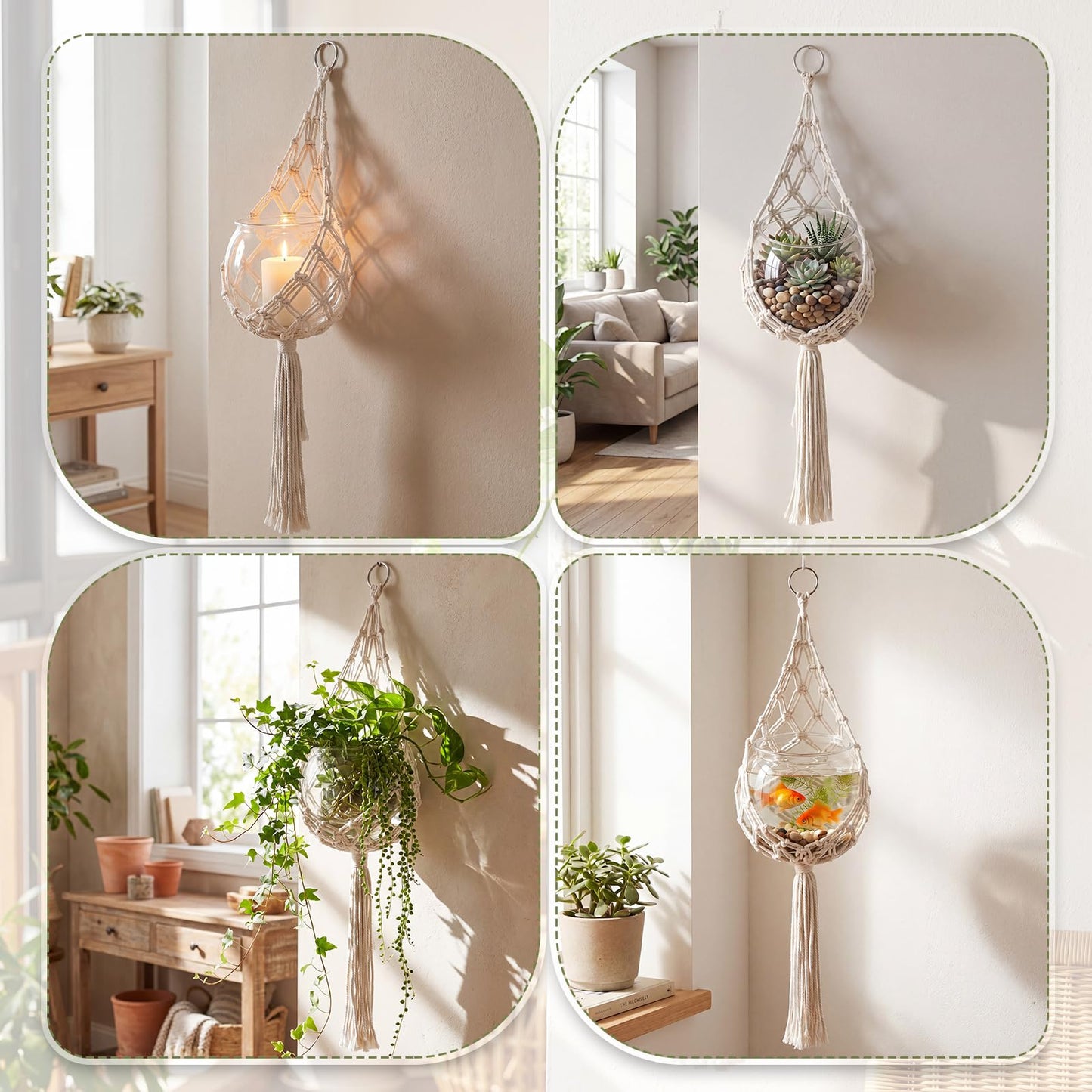 Junkin 1 Set Handmade Macrame Plant Hanger with Plastic Bowl Fish Tank, Cotton Rope Hanging Planter Basket for Indoor Outdoor Wall Decor, Boho Style, No Plant Included