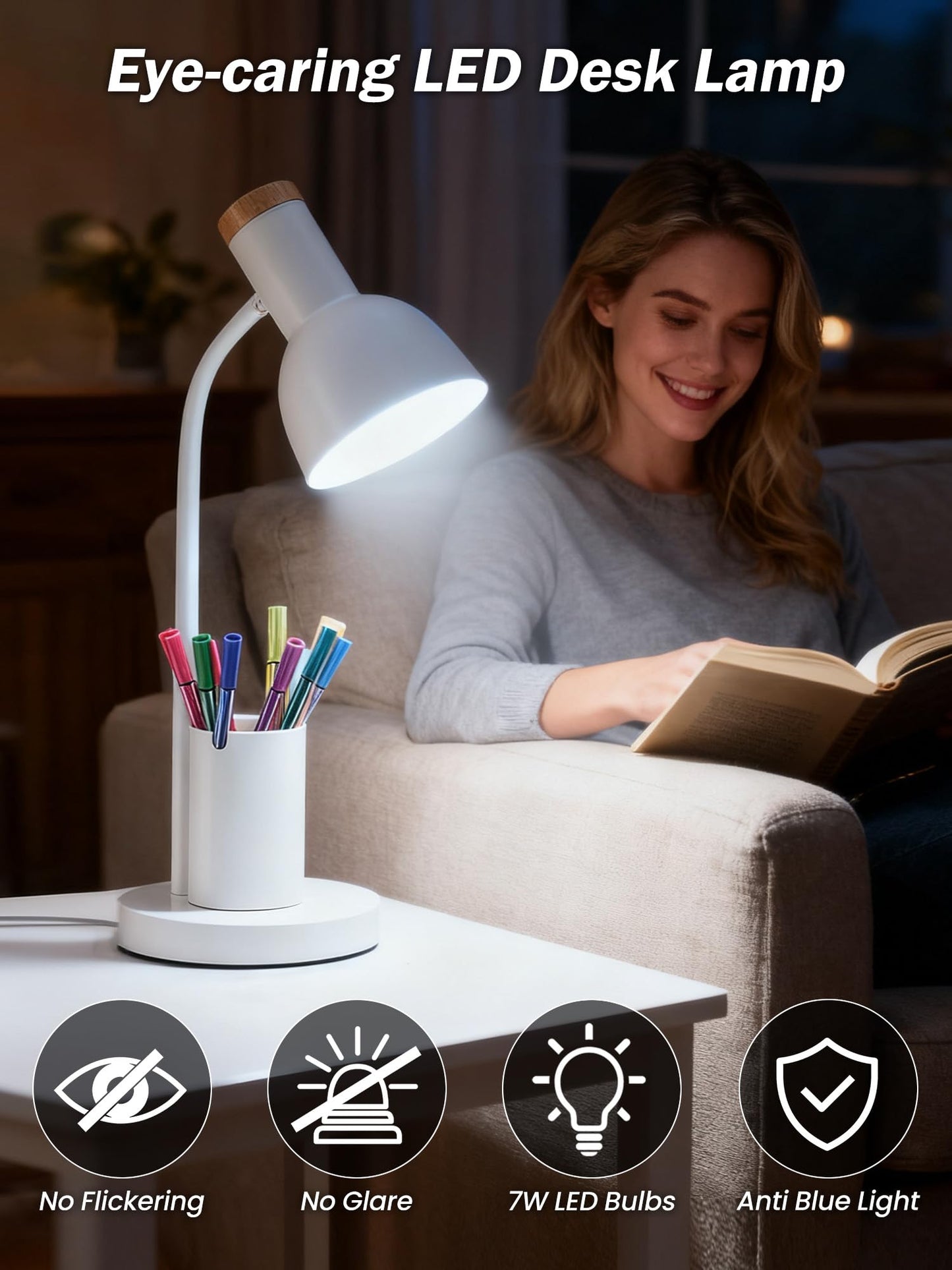 Desk Lamp, LED Desk Lamps for Home Office, 3 Color Modes Eye-Caring Reading Light, Flexible Gooseneck Desk Light with Pen Holder, Table Lamp for Bedroom Bedside College Dorm Study Room (White lamp)