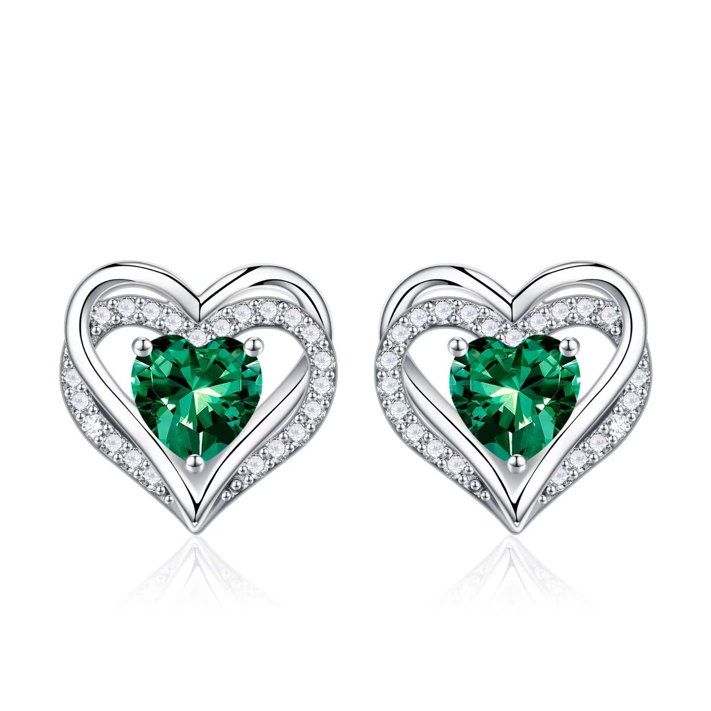 Iefil Earrings for Women, 925 Sterling Silver May Birthstone Green Emerald Heart Stud Earrings for Women
