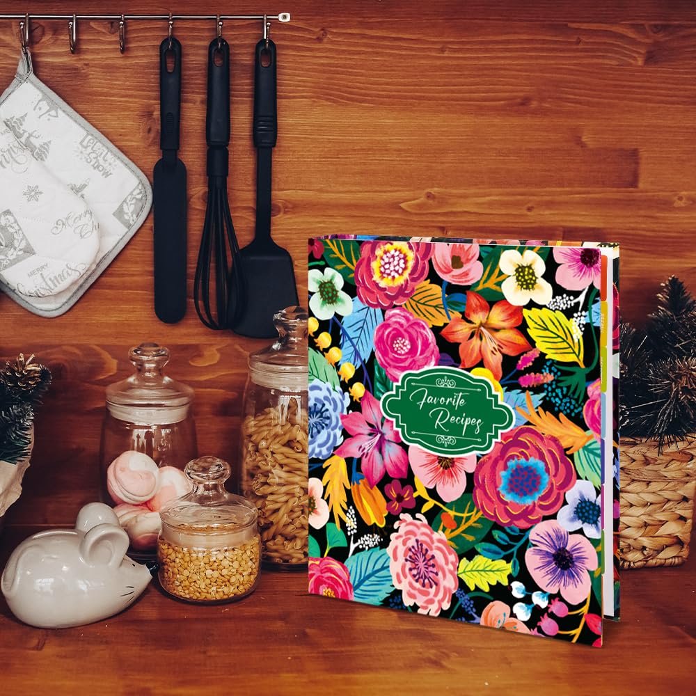 3 Ring Recipe Binder, 8.5x11 inch 3 Ring Recipe Binder Kit with 50 Plastic Sleeves Protectors, 100 Packs 5x7 inch Recipe Cards & 8 Category Divider Tabs, Organizer Set Blooming Flowers Design