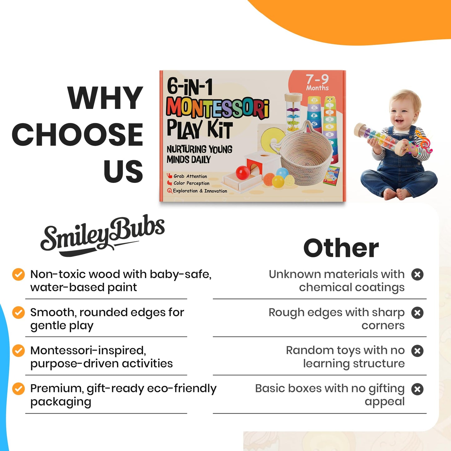 SmileyBubs Montessori Baby Toys 7–9 Months, Developmental Tools for 7+ Month Babies, Baby Sensory Toys - A Sliding Box, Mirror Puzzle, Stacking Cups, Treasure Basket, Rain Stick, Animal Flashcards