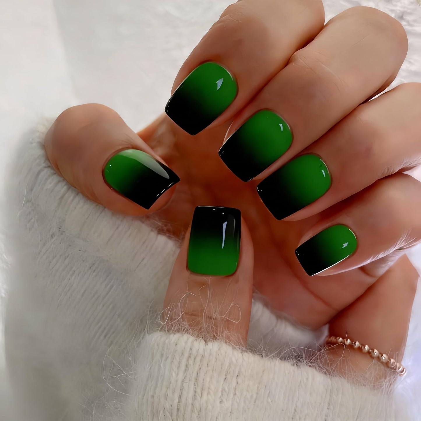 Ombre Press on Nails Short Square, Short Fake Nails Glue on Gradient Green Black Nails Press ons, Soft Gel Glue on Stick on Nail for Women 30 Pcs 15 Sizes