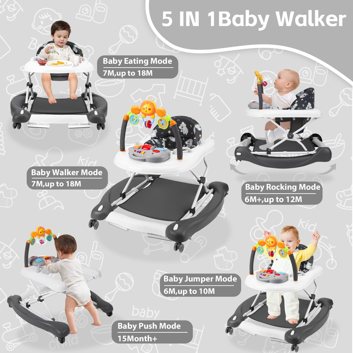 RefoereBabe Baby Walker, 5 in 1 Baby Walkers for Boys Girls 6-12 Months, Foldable Walkers for Babies with Bouncer & Feeding Tray, Music, Adjustable Heights, Activity Walker for Infant