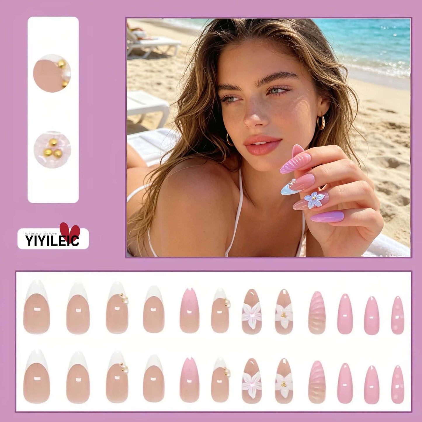 French Medium Almond Press on Nails Pink Droplet Waves Design 3D Flower Fake Nails Full Cover Glue on Nails Removable Stick on Nails for Women 24 Pcs Artificial Nails