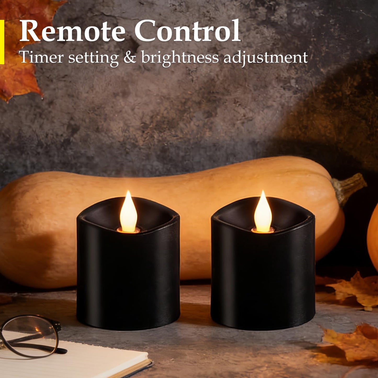 Woocodowe Black Flameless LED Candles, Black Battery Operated Candles with Remote Timer, 3"x3" Real Wax 2-Pack, 3D Flickering Flame Last 600+ Hours, Ideal for Halloween Christmas Gothic Home Decor