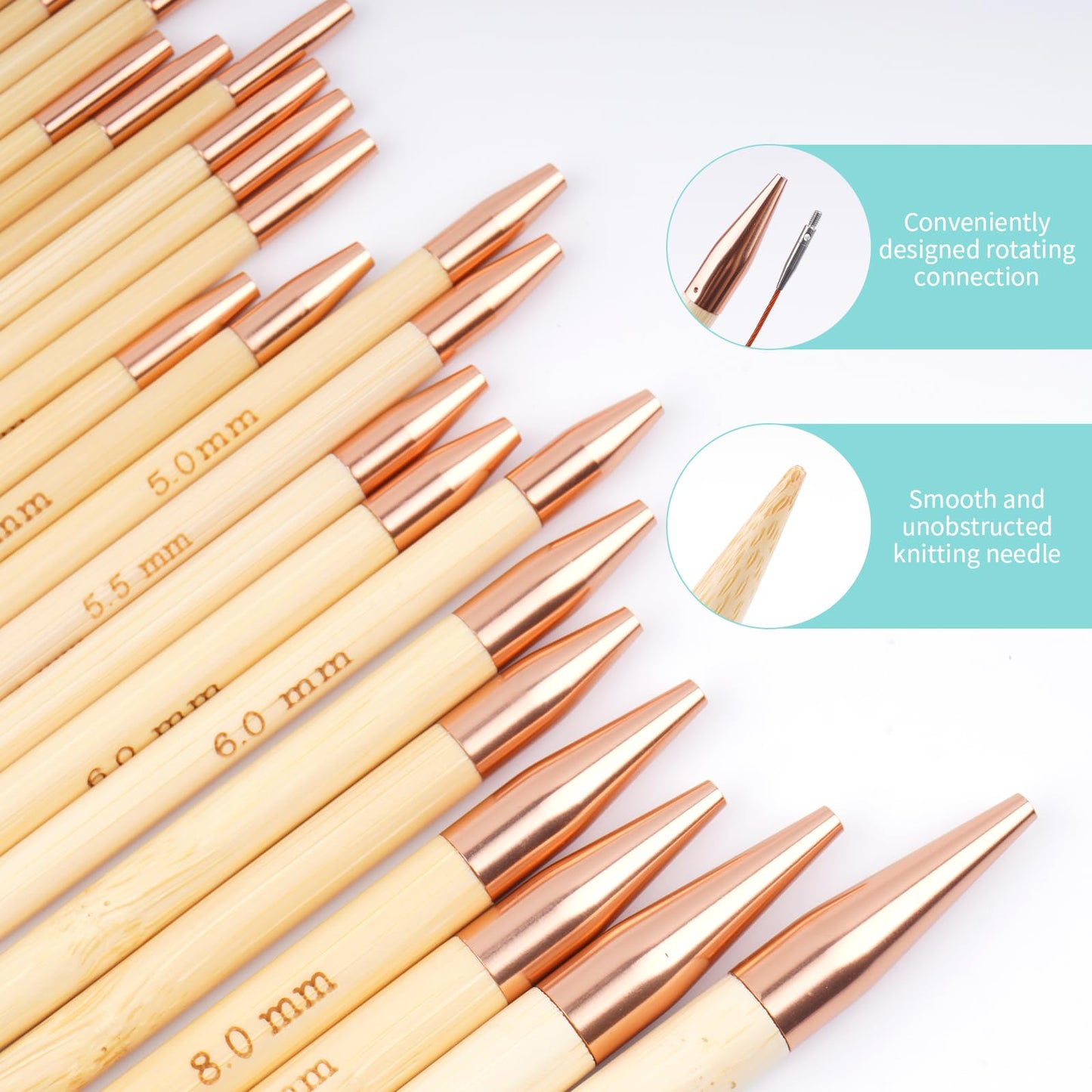 WAZAIGUR Knitting Needles Set, Interchangeable Bamboo Circular Knitting Needles Set, 3mm 3.25mm 3.5mm 3.75mm 4mm 4.5mm 5mm 5.5mm 6mm 7mm 8mm 9mm 10mm Knitting Needles, 13 Pairs