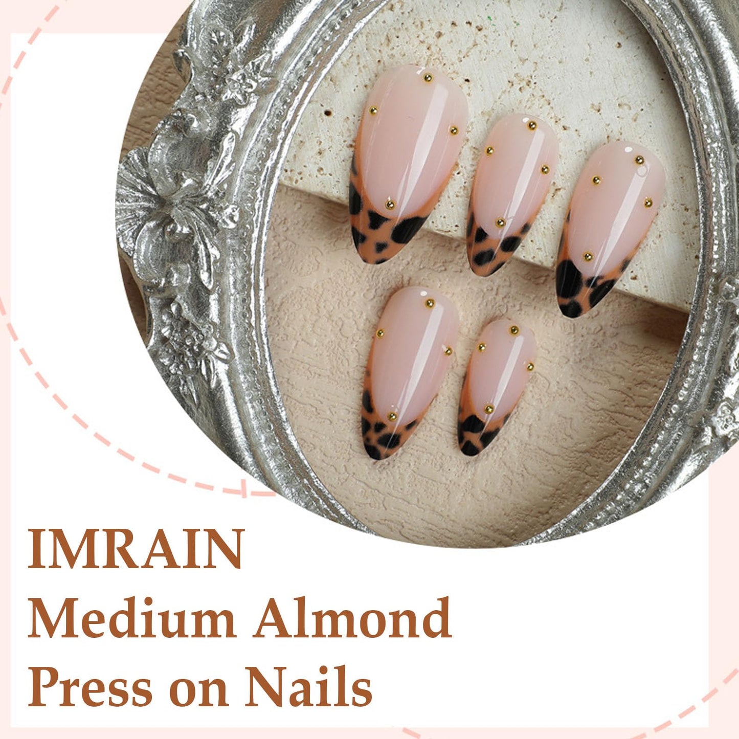 IMRAIN Fall Press on Nails - Medium Almond Fake Nails, Brown Leopard Print French False Nails Tips - Gold Bead Designs, Full Cover Acrylic Glossy Glue on Nails for Women Girls 24Pcs