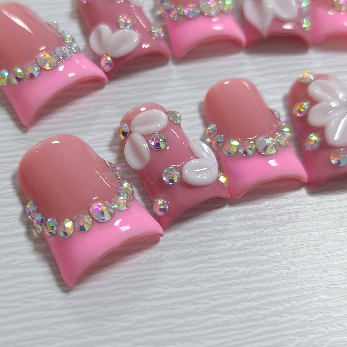 TENPAL Duckbill Shape Handmade Press On Nails Kit,Pink French Floral Nails with 3D Flowers Diamond Designs,Glazed Donut Nude Pink Fake Nails with Tools,Elegant French Tip Duckbill Nails with Gems(L)