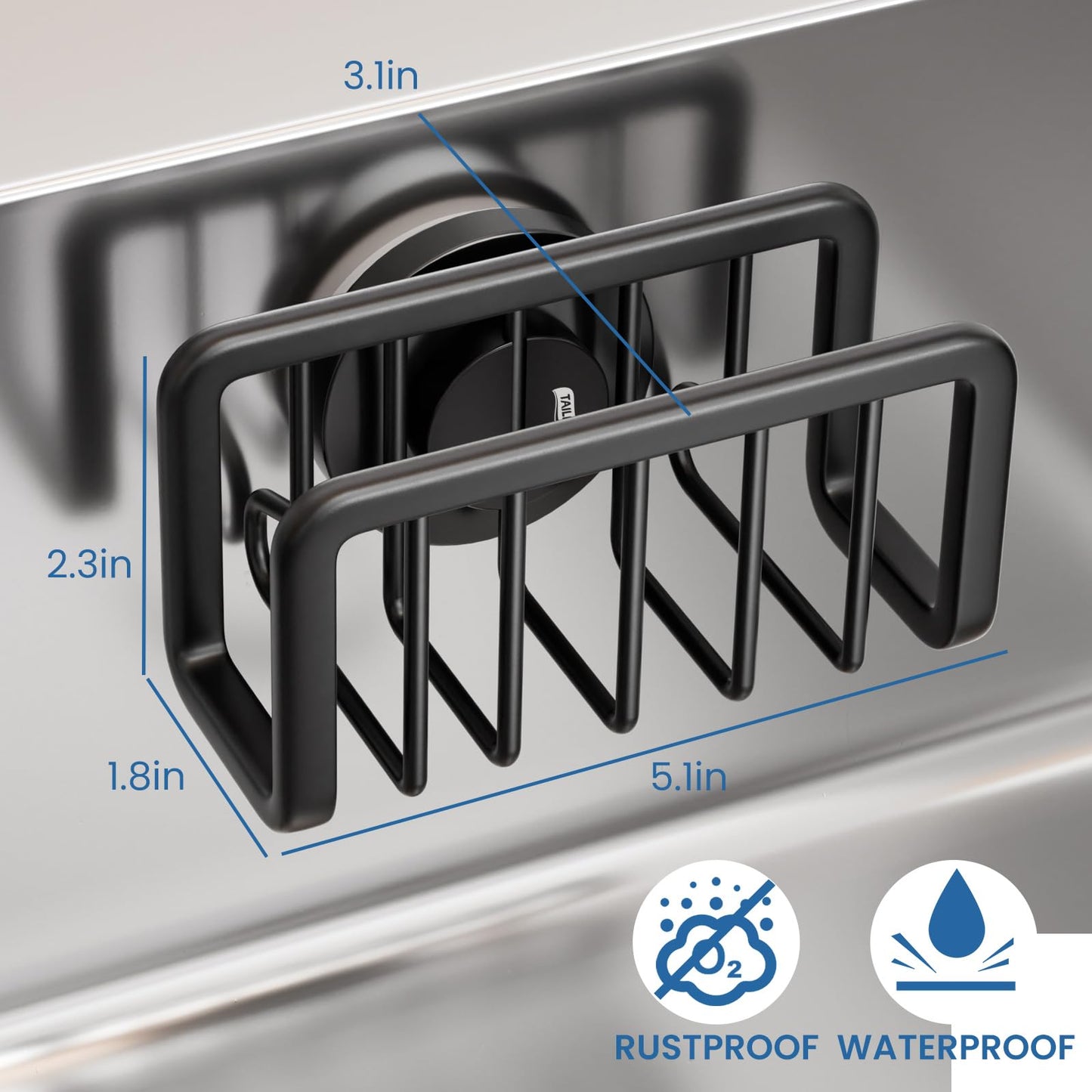 TAILI Sponge Holder for Kitchen Sink with Strong Suction Cup, Removable Sponge Holder, Rustproof Aluminum Sink Caddy for Sponges, Dish Brush - Black