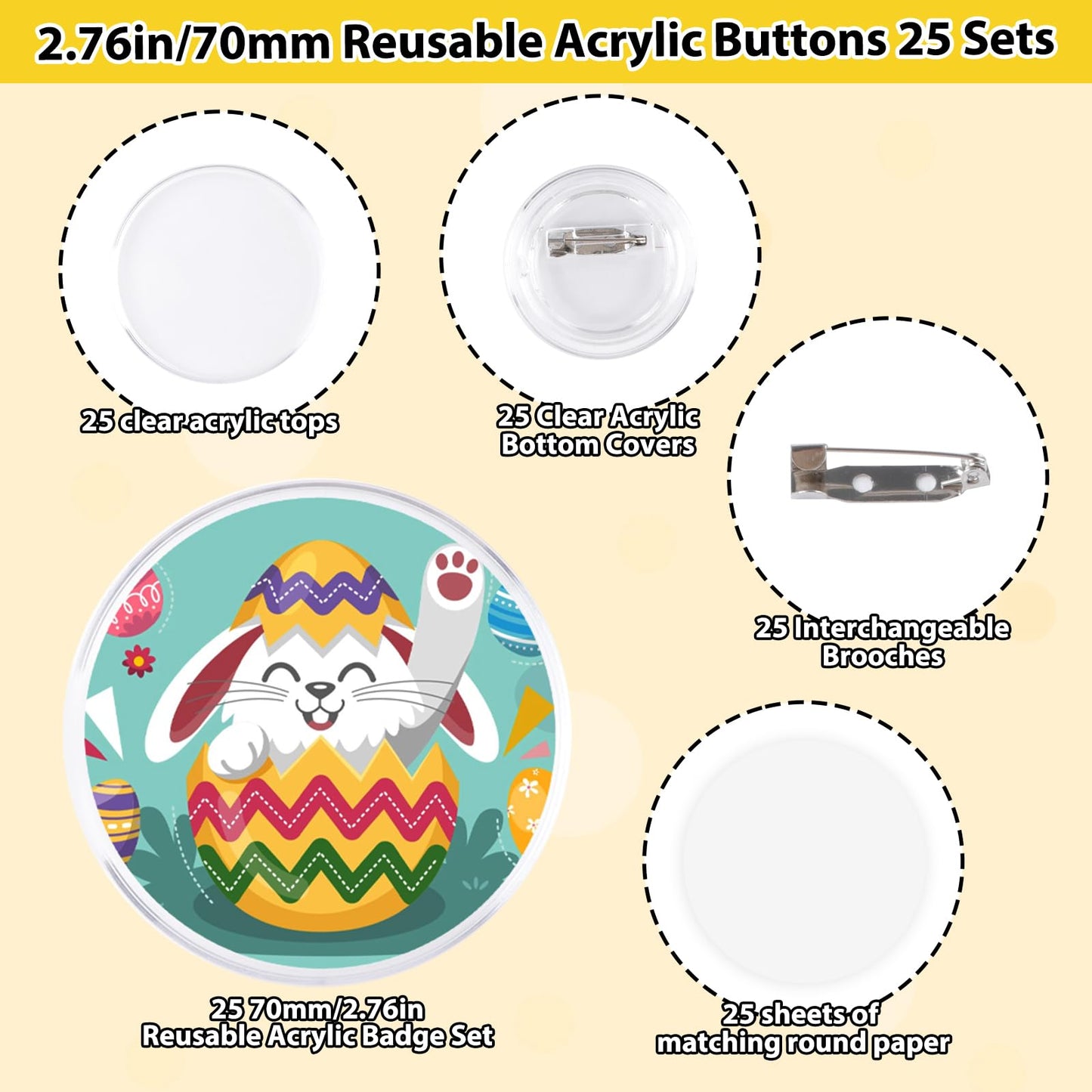 Happizza 25pcs Acrylic Clear Button Pins,2.76 Inch Custom Pin Badges, DIY Blank Buttons Pins,Round Photo Buttons Personalized Button Making kit for Craft