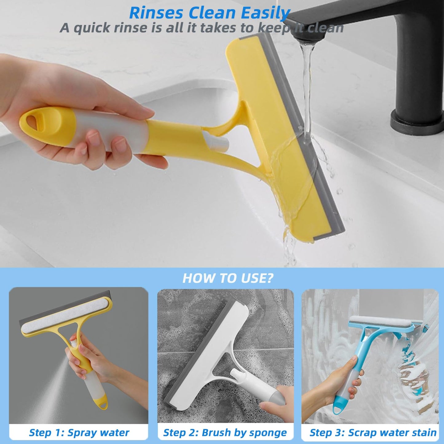 3 in 1 Window Squeegee, Cleaning Scraper with Scrubber Sponge Sprayer Clean Kit for Glass, Tile Walls, Shower Door, Car, Bathroom Cleaner (White)
