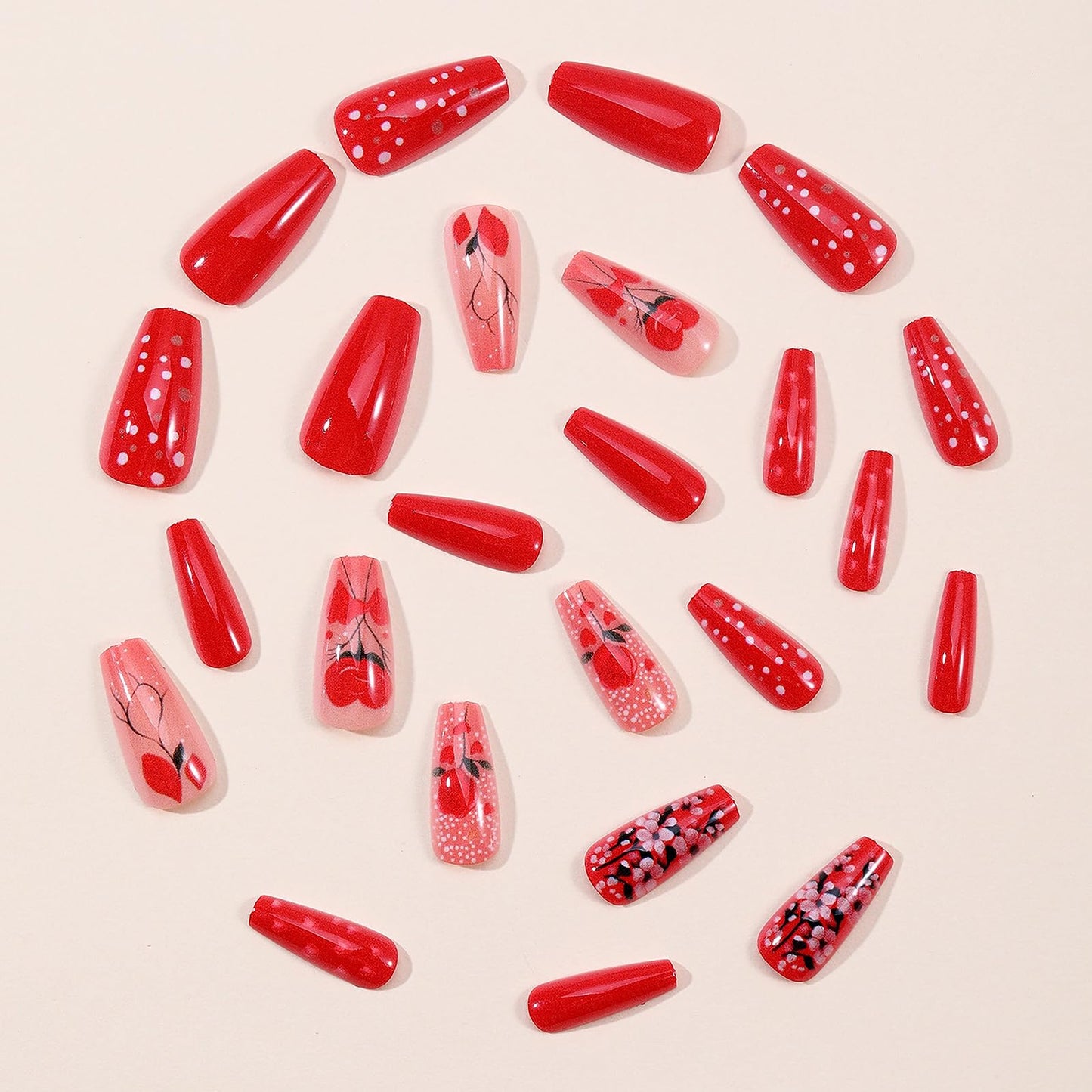MISUD Press on Nails - Long Coffin Fake Nails with Red, Acrylic Valentines Rose Polka Dot Design 24 pcs