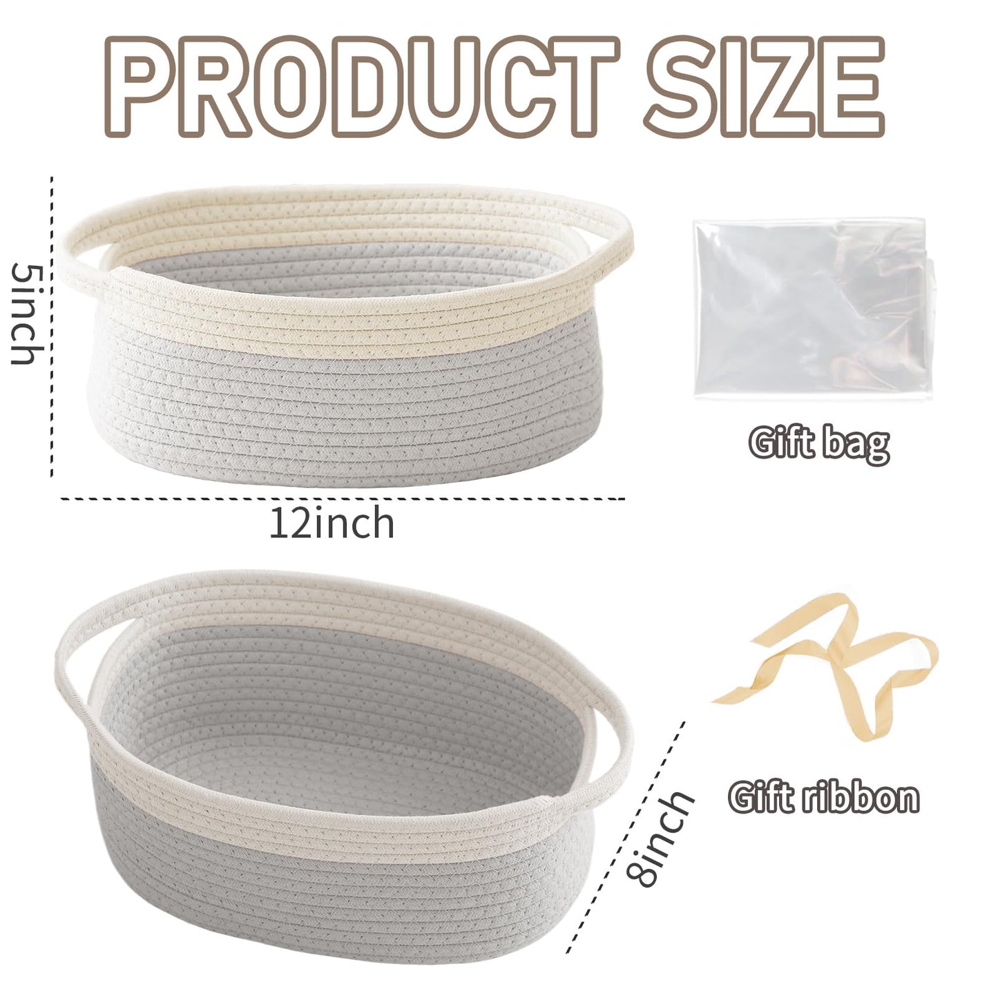 JMvicyroam Woven Basket,Small Rope Storage Bin with Handles & Ribbon Bag, Organizer for Shelves Closets,Gift Basket Empty for Birthday,Books,Dog Toys, White&Grey