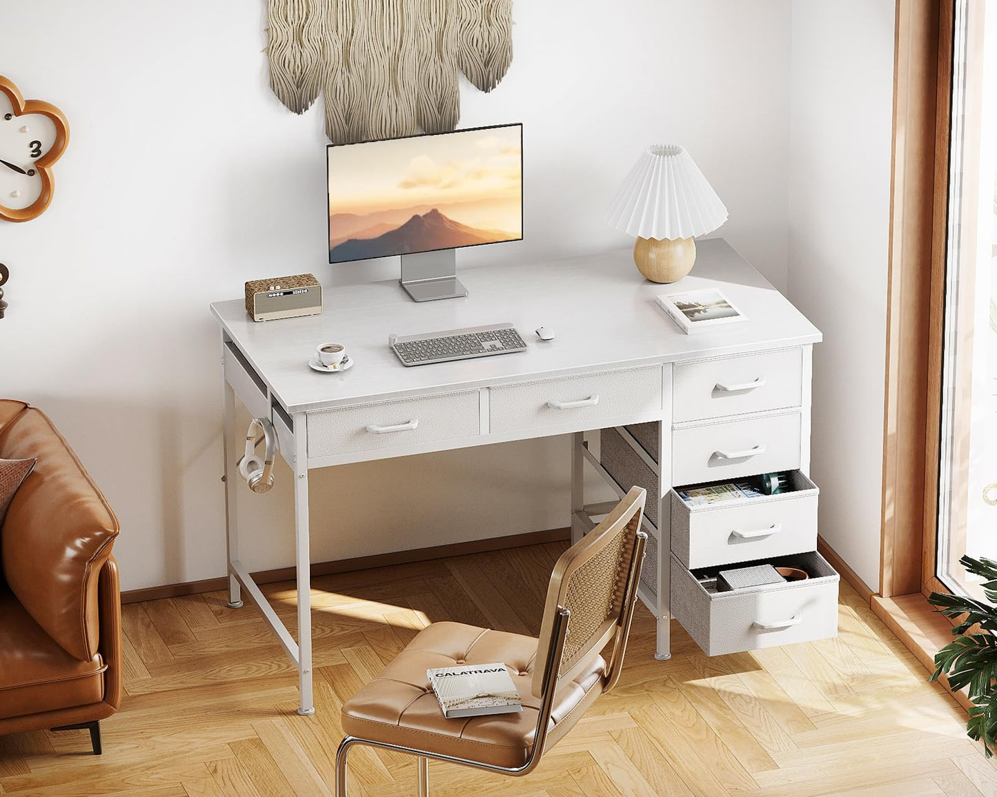 Casaottima 40 Inch Small Computer Desk with 6 Drawers, Reversible Storage Desk for Home Office, Work Study Table for Bedroom, White