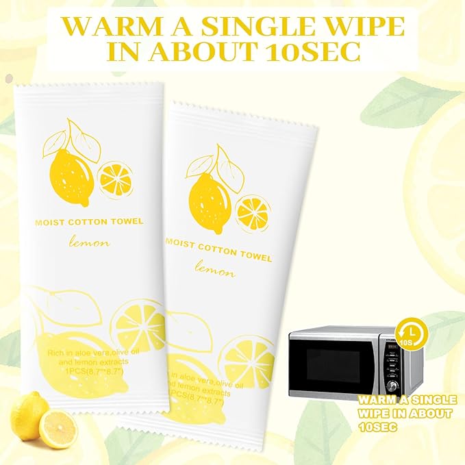 Moist Cotton Towel Bulk Moist Towelettes Individually Wrapped,White Towel Services,Refreshment Pre Moistened Towels for Dentist Travel Sport Party Hotel 100,Lemon