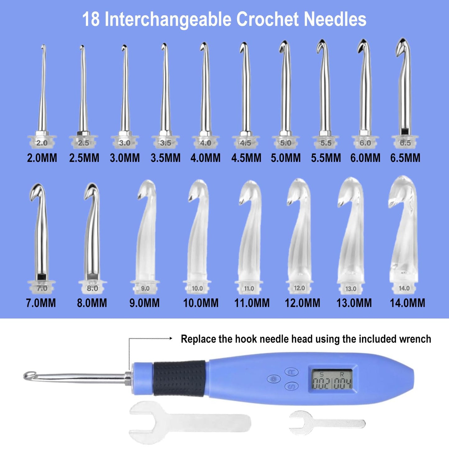 Foxyoo Ergonomic Crochet Hooks Set, 18 Interchangeable Tips, Light Up Crochet Hook Set With Case and Counter Handle, For Knitting Beginner, Crafting Enthusiasts, Crochet Supplies And Accessories Tools