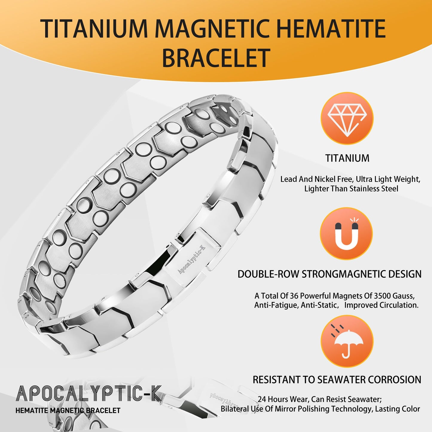 Apocalyptic-K ®Magnetic Therapy,Men's TITANIUM Magnetic Bracelets，Ultra Strength，Pure Titanium (Lightness),Eliminate Static Electricity (Silver Magnetic Bracelet)