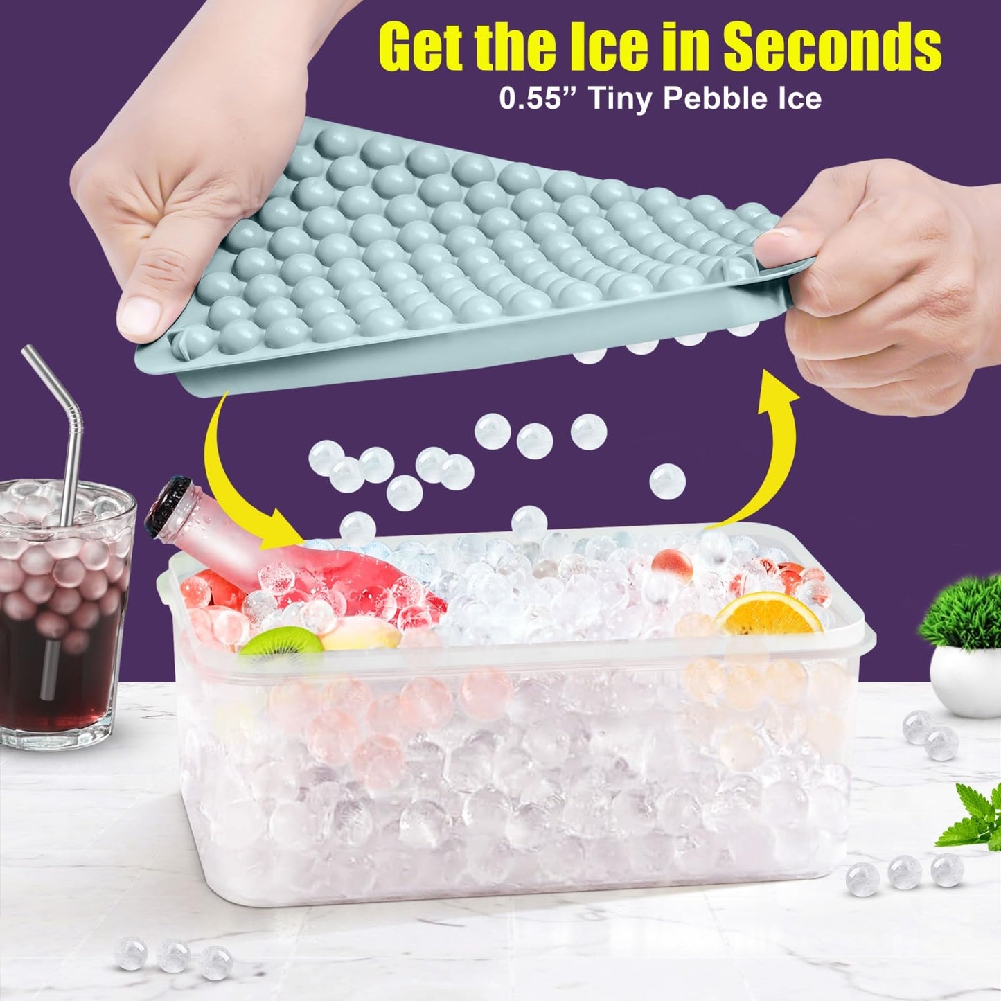 0.55in Mini Ice Cube Trays - Plastic Tiny Pebble Ice for Iced Coffee & Cocktails - Fast Chill, Easy Twist Release - Stackable with Lid, Storage Bin, Tongs, 2 Straws (4 pack, Blue)