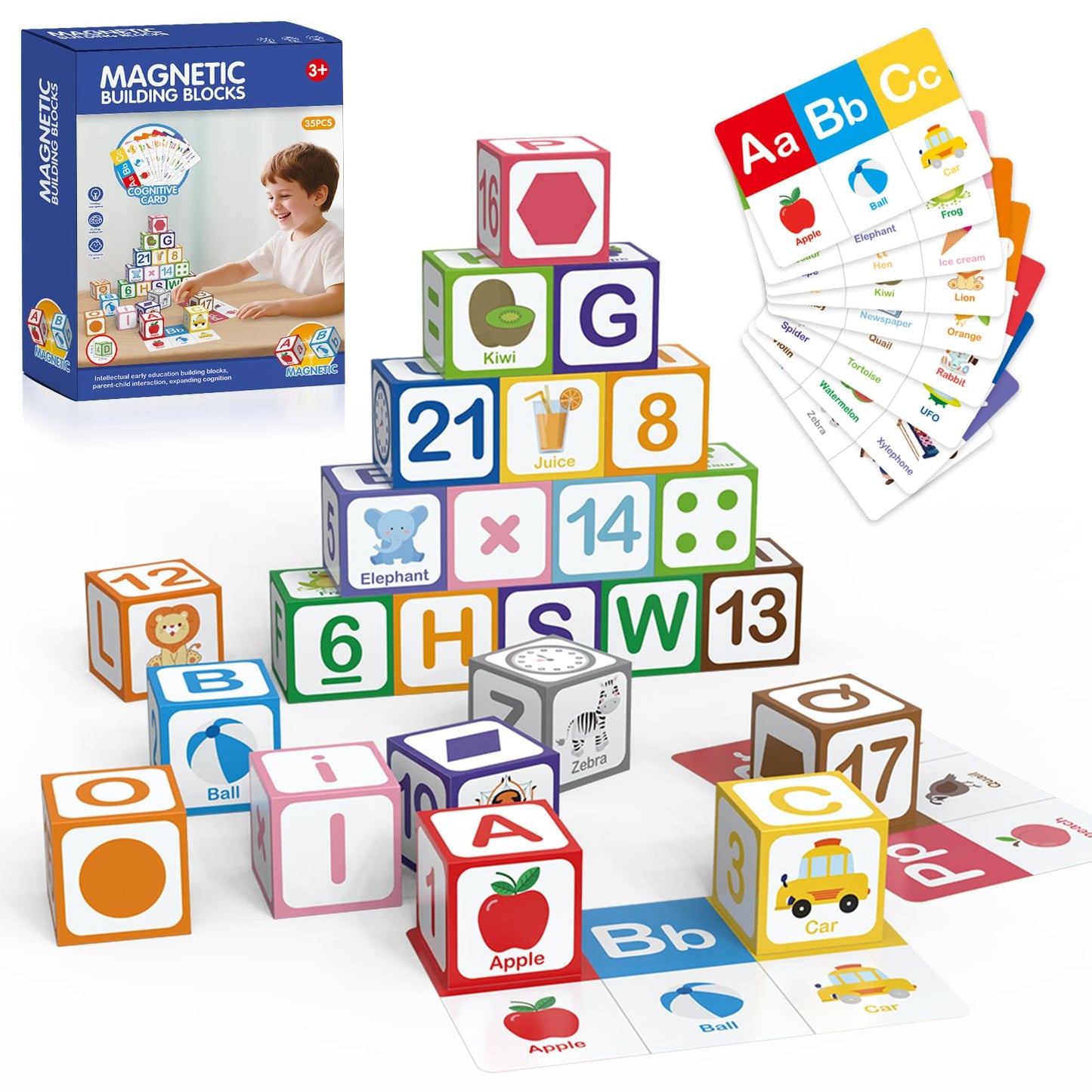 ChainnForces 26-Piece Magnetic Blocks for Toddlers 1-3 | STEM Learning Toys with ABC, 123, Animals | Includes 9 Early Learning Cards