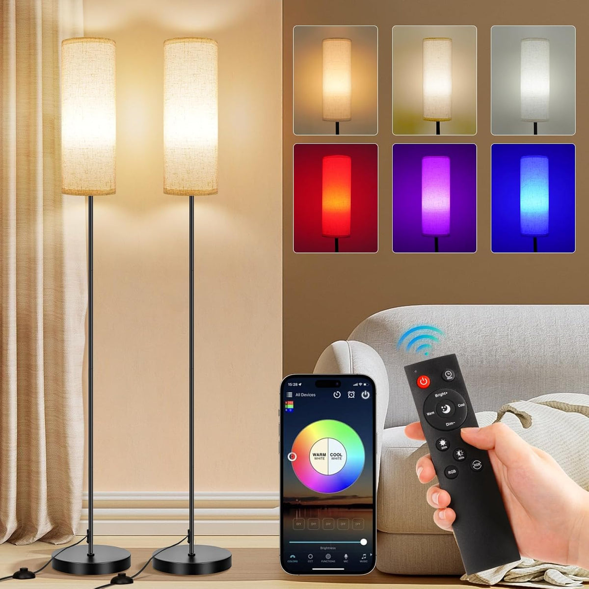 FRIDEKO HOME 2 Pack Floor Lamps for Living Room, Dimmable Colors Temperature & Brightness, Modern Floor Lamp with Remote, Tall Standing Lamps for Living Room Bedroom Office, Beige Shade 9W RGB Bulb