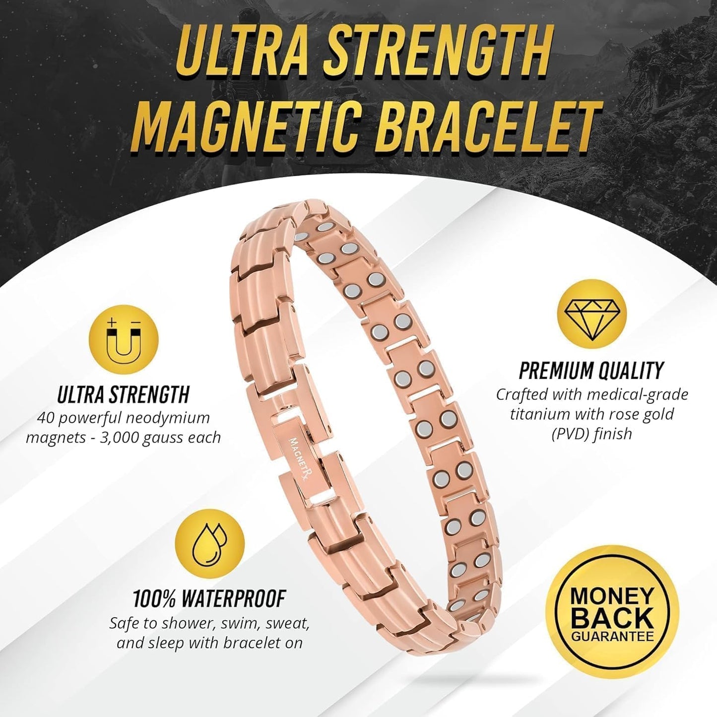 MagnetRX® Women's Ultra Strength Magnetic Bracelet – Effective Titanium Magnetic Bracelets for Women – Adjustable Length with Sizing Tool for Perfect Fit (Rose Gold)