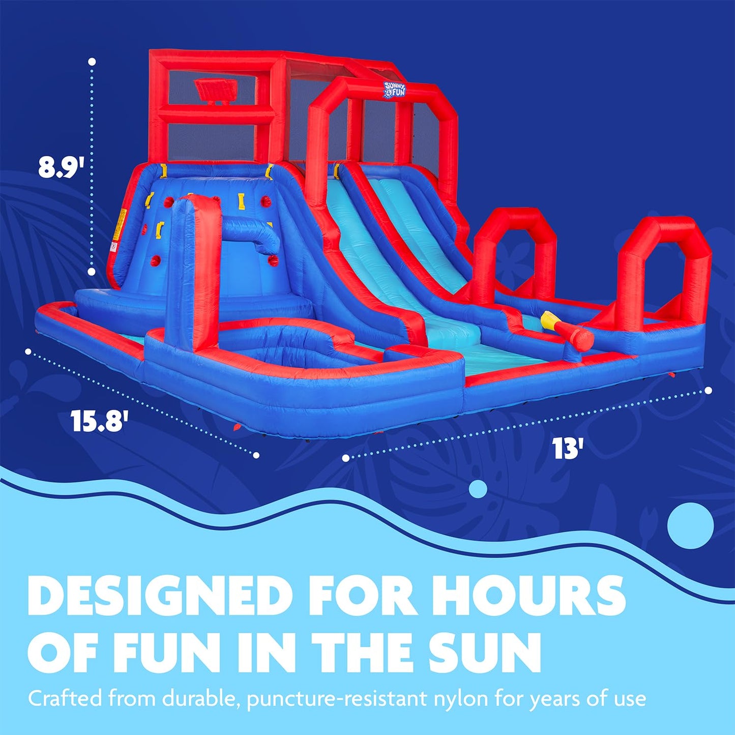 Sunny & Fun Mega Climb N’ Go Inflatable Water Slide Park – Heavy-Duty for Outdoor Fun - Climbing Wall, 2 Slides & Deep Splash Pool – Easy to Set Up & Inflate with Included Air Pump & Carrying Case