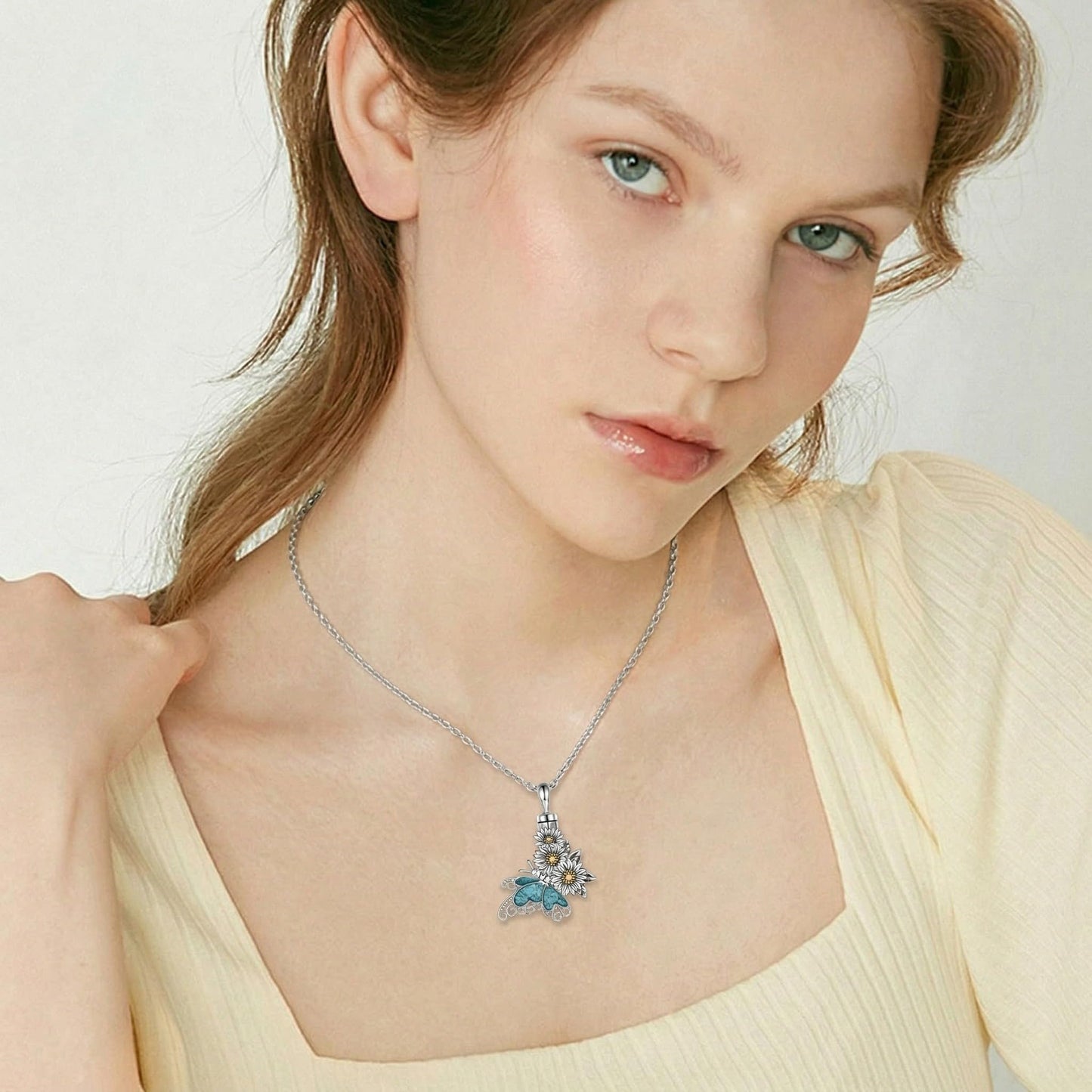 HKPATOP Butterfly Urn Necklace for Ashes 925 Sterling Silver Turquoise Daisy Pendant Cremation Memorial KeepsakeJewelry Gift for Women