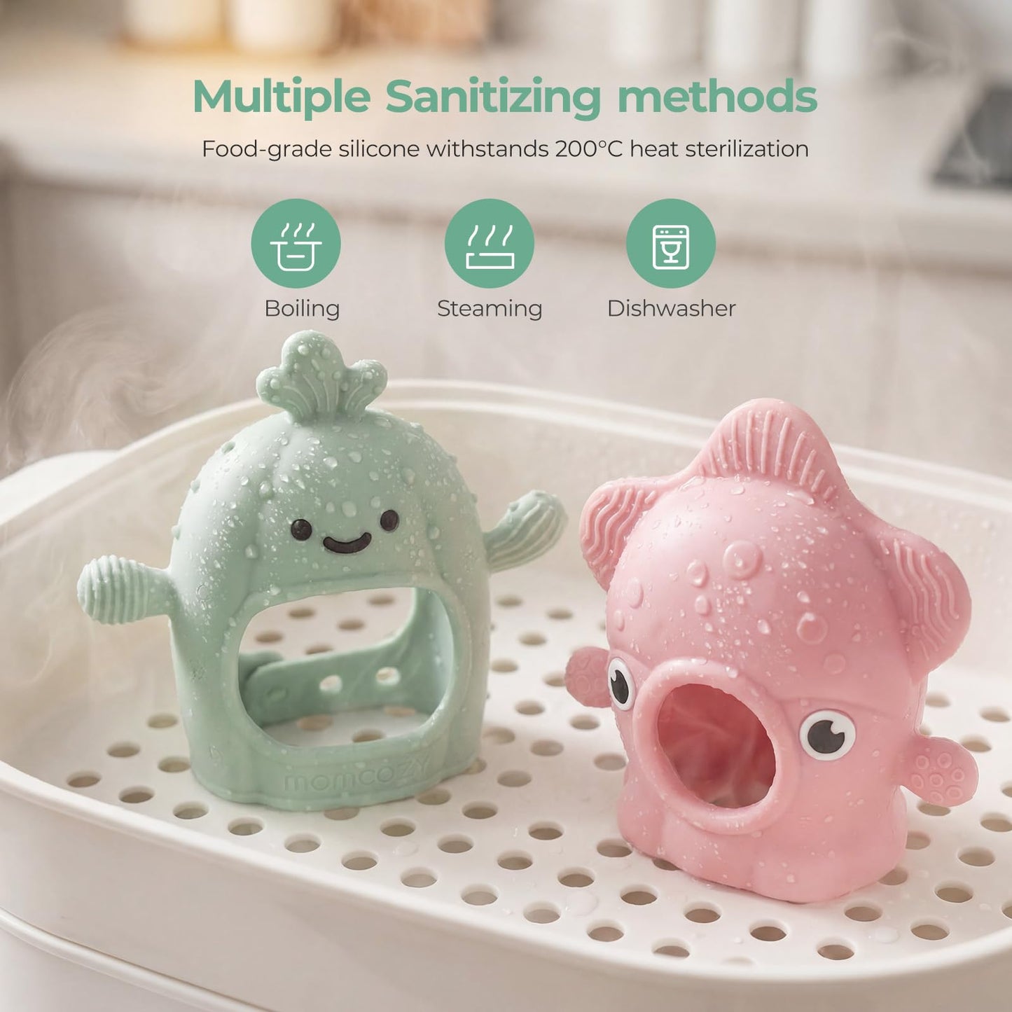 Momcozy Baby Teething Toys, Food Grade Silicone Baby Teether，Teething Mitten for Babies 0–6 Months，Teethers for Babies 6–12 Months，Anti Drop Wrist Teether with Multiple Chew Points， Mint Green