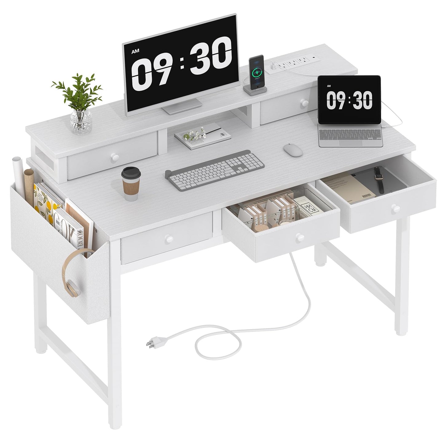 Lufeiya White Computer Desk with Fabric Drawers for Home Office, 40 inch Vanity Makeup Desk with Drawers Storage for Bedroom, Writing Study Table with Power Outlet & Monitor Stand, White